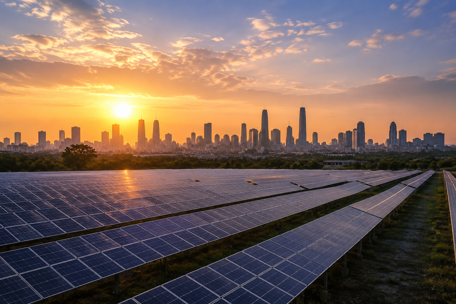 Solar farm at sunrise with city skyline