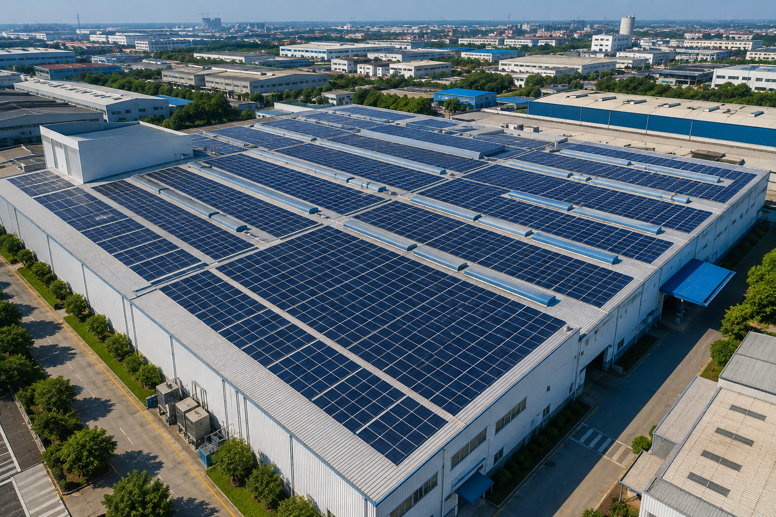 Factory rooftop solar panels aerial view