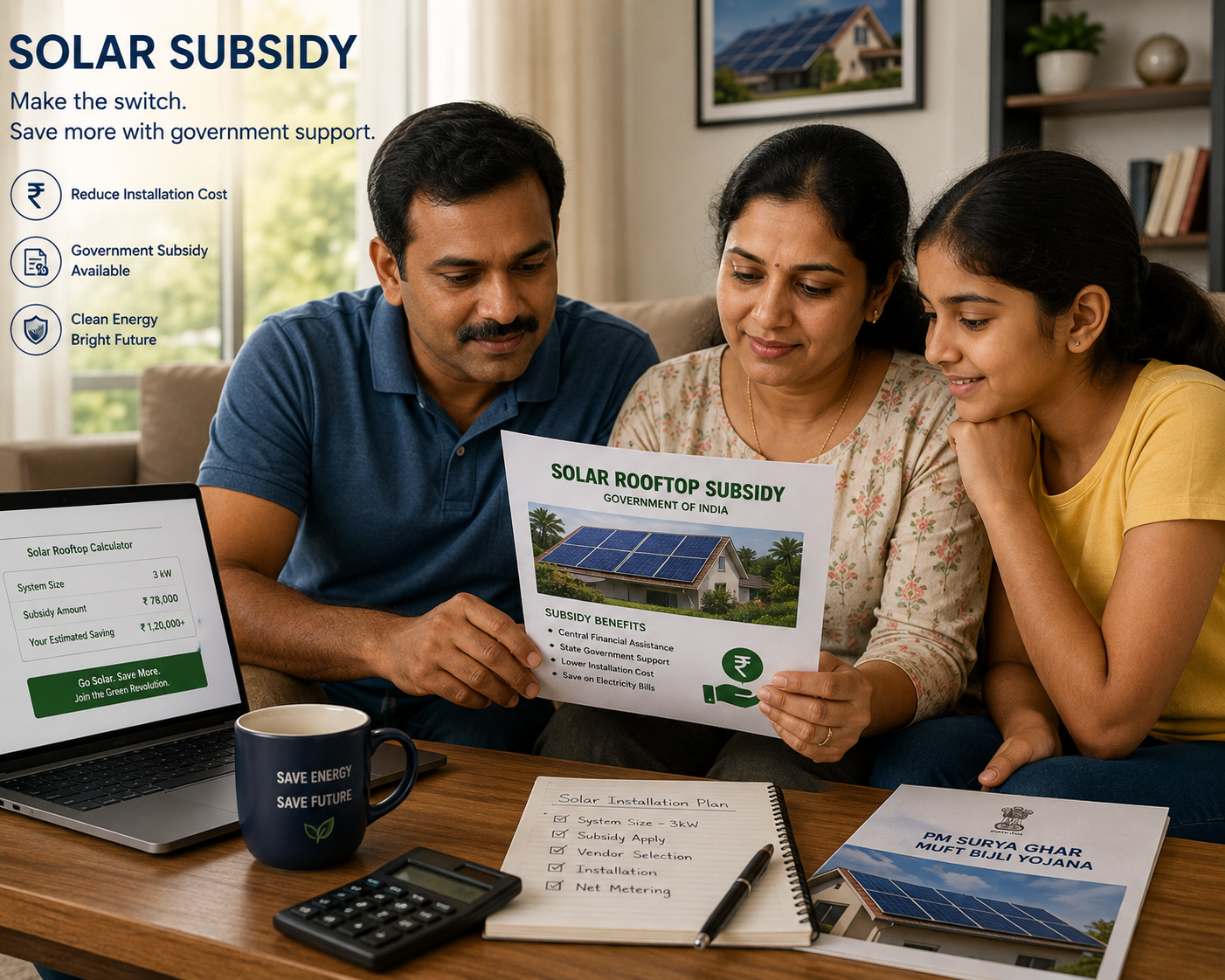 Family reviewing solar subsidy documents at home