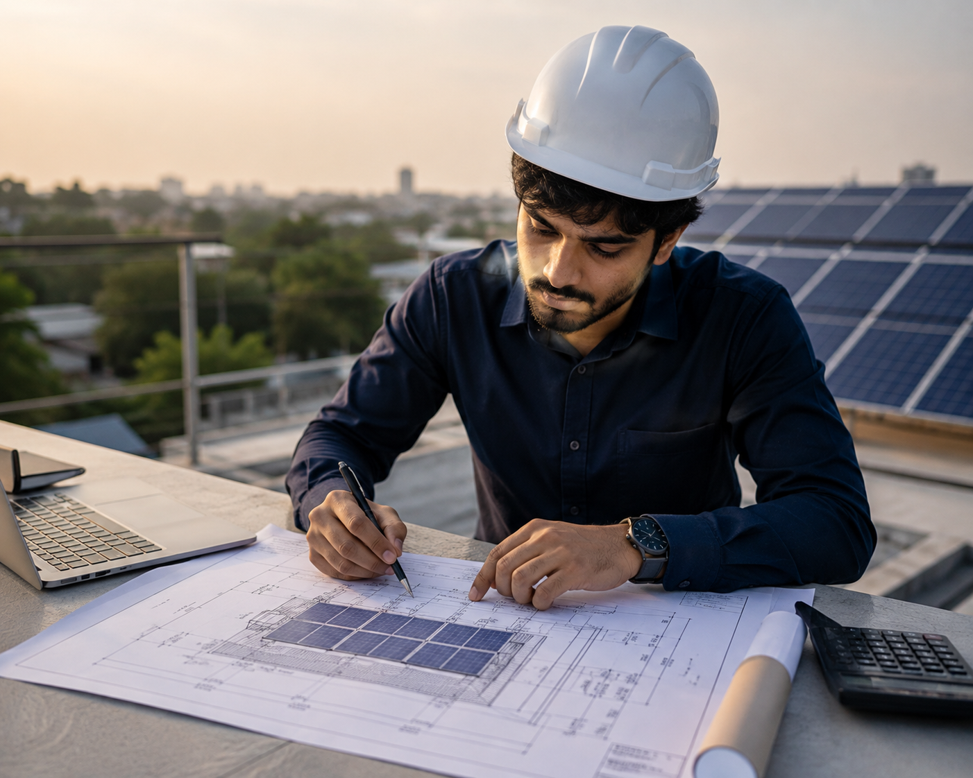 Engineer reviewing solar design plans