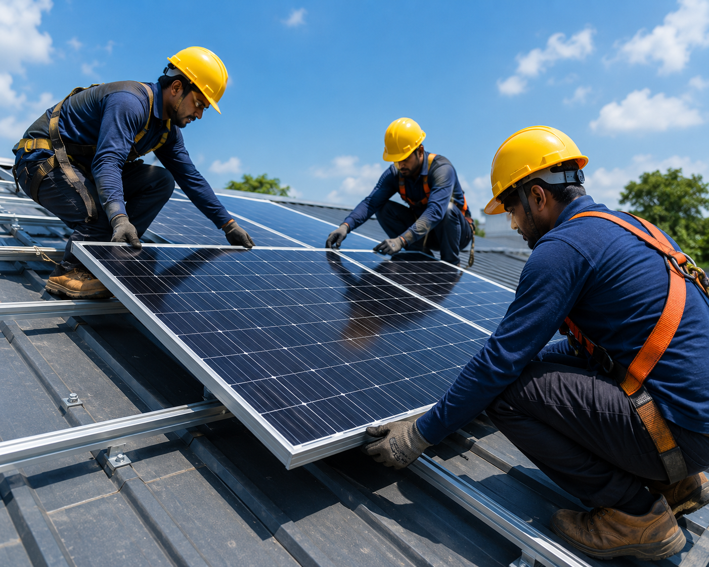 Installation crew mounting solar panels on roof