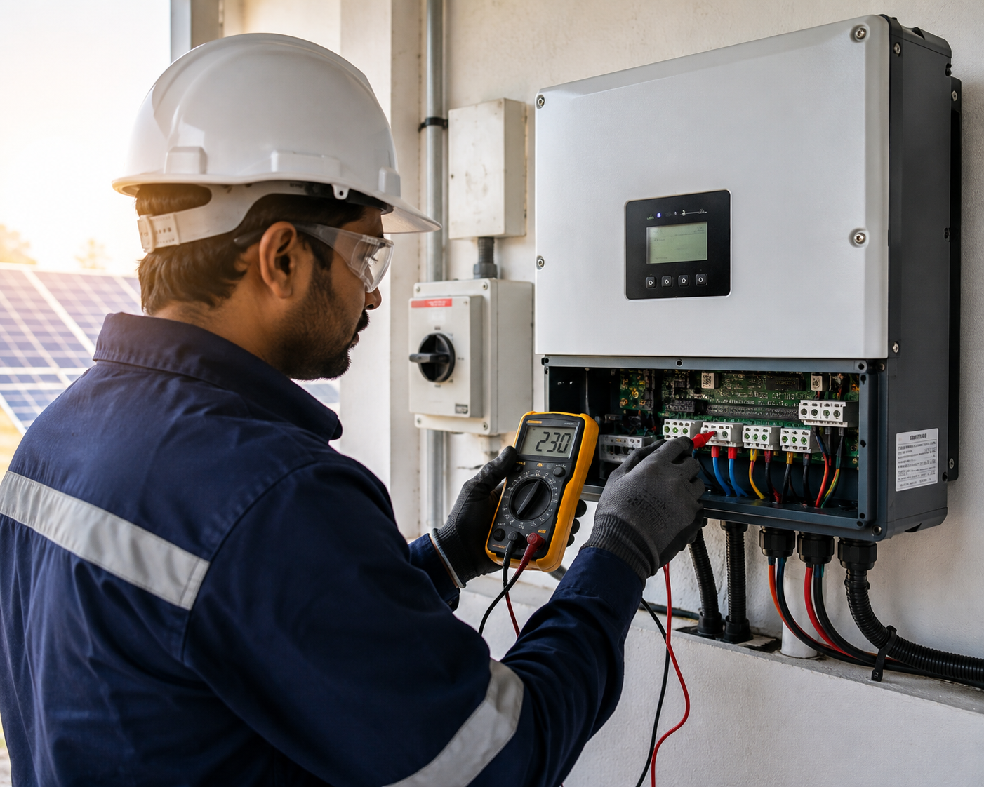 Technician testing solar inverter panel