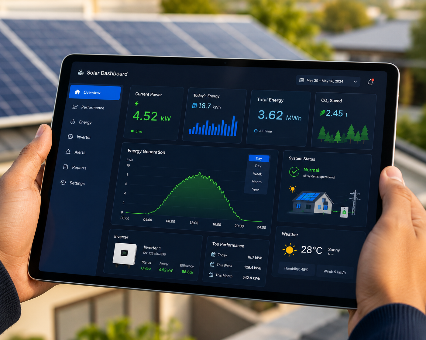 Solar performance monitoring dashboard on tablet