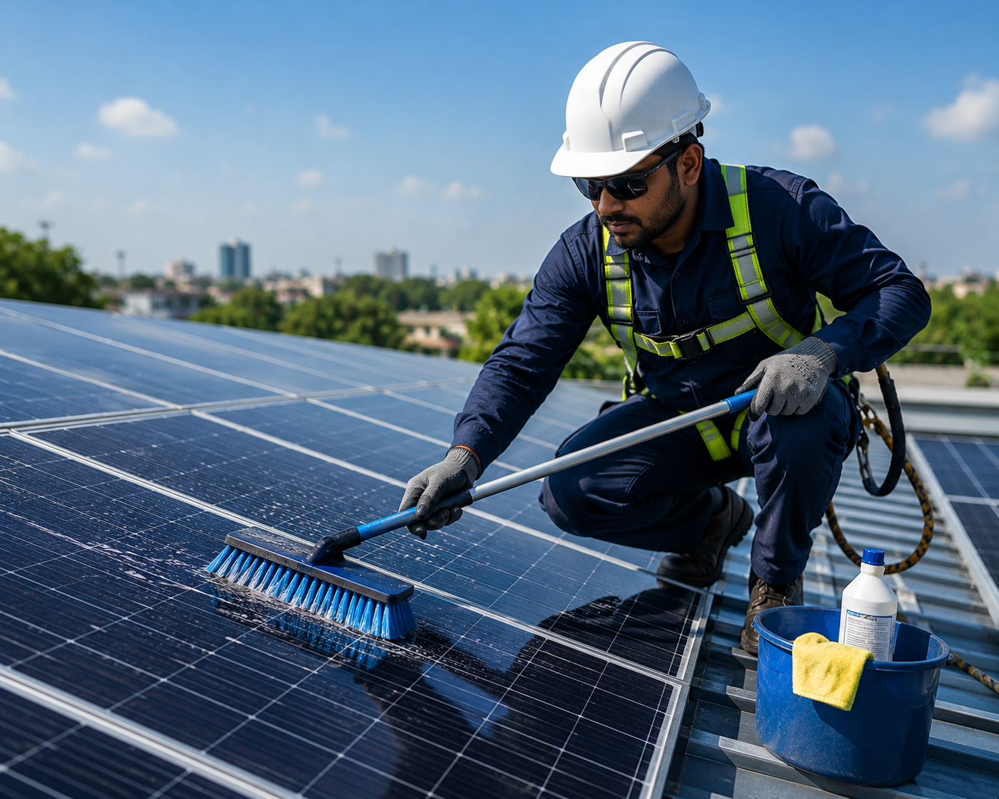 Technician cleaning and maintaining solar panels